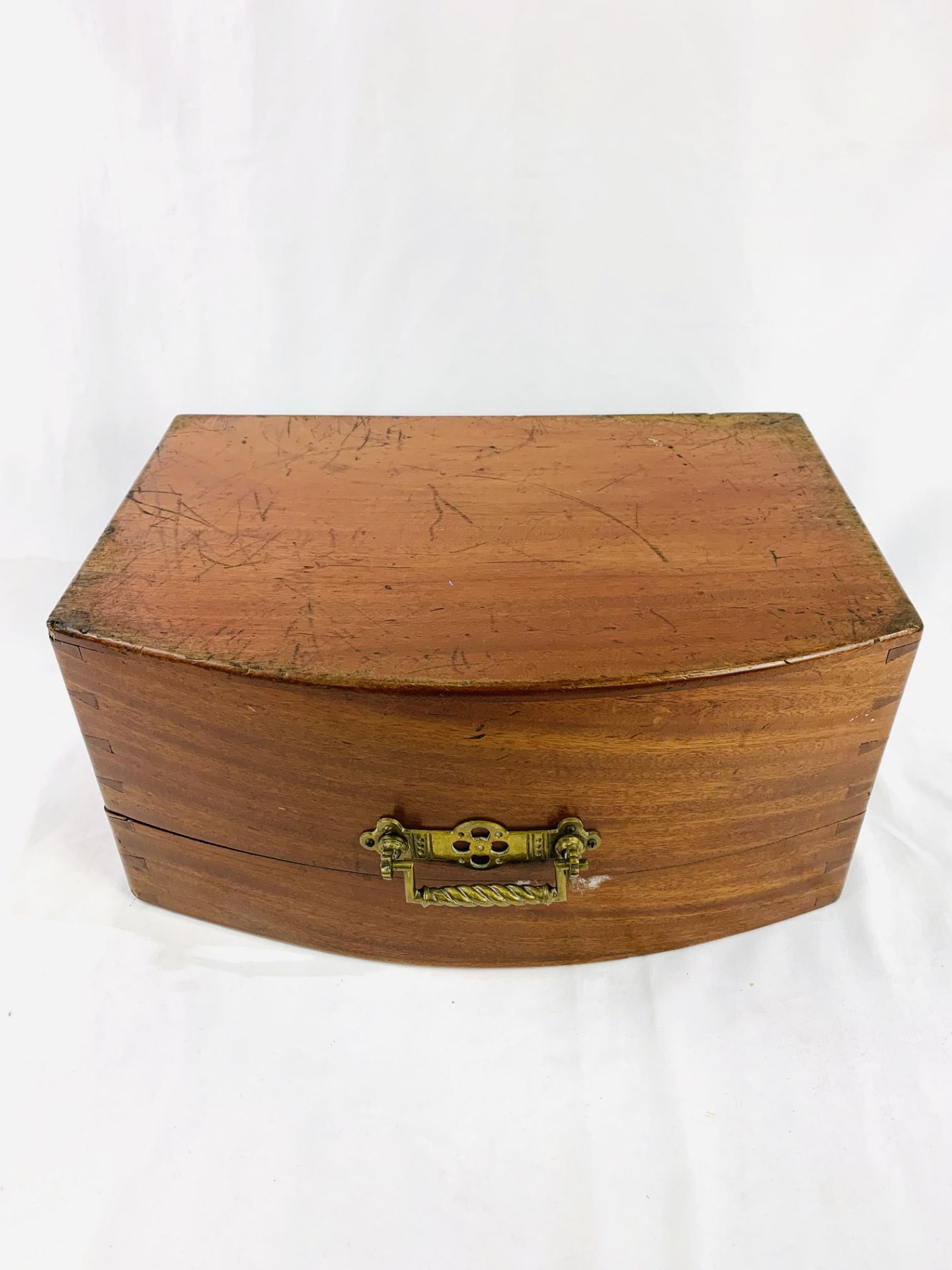 Mahogany side hinging box with brass handle and partially fitted interior, together with other boxes