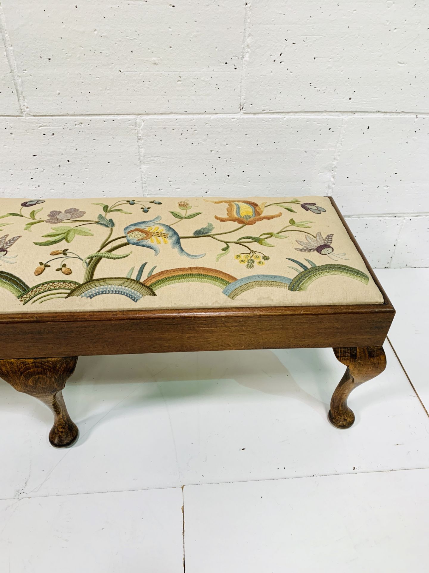 Oak framed long stool with tapestry seat depicting flowers. - Image 3 of 4