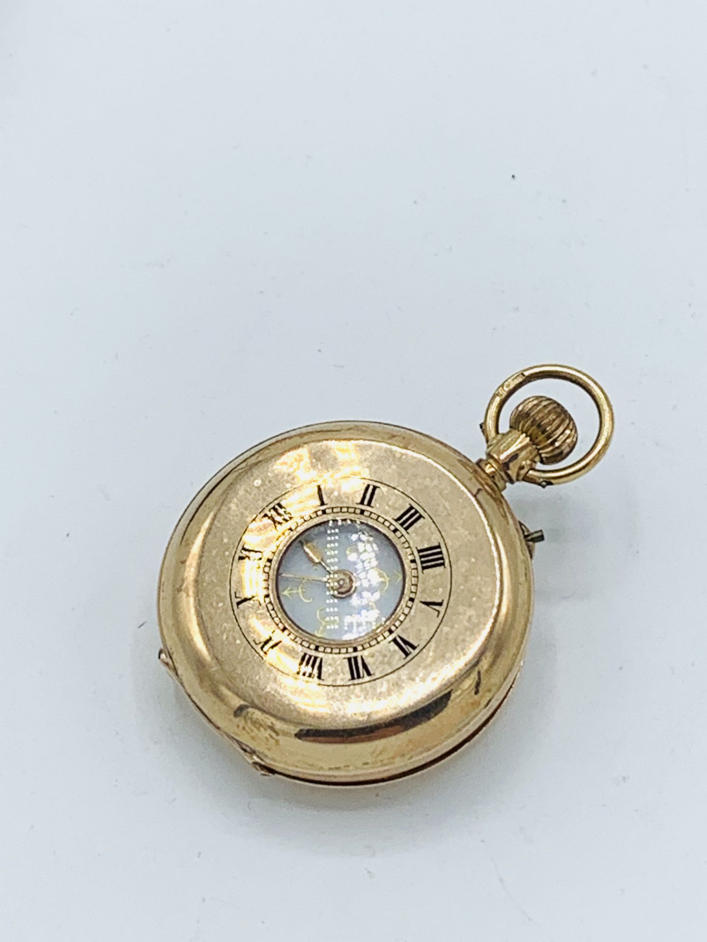 Small 9ct gold case half hunter pocket watch, going, in original brown leather case. - Image 2 of 7
