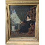 Gilt framed Continental school oil on board portrait of a lady in an interior, circa 1820, unsigned.
