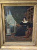 Gilt framed Continental school oil on board portrait of a lady in an interior, circa 1820, unsigned.