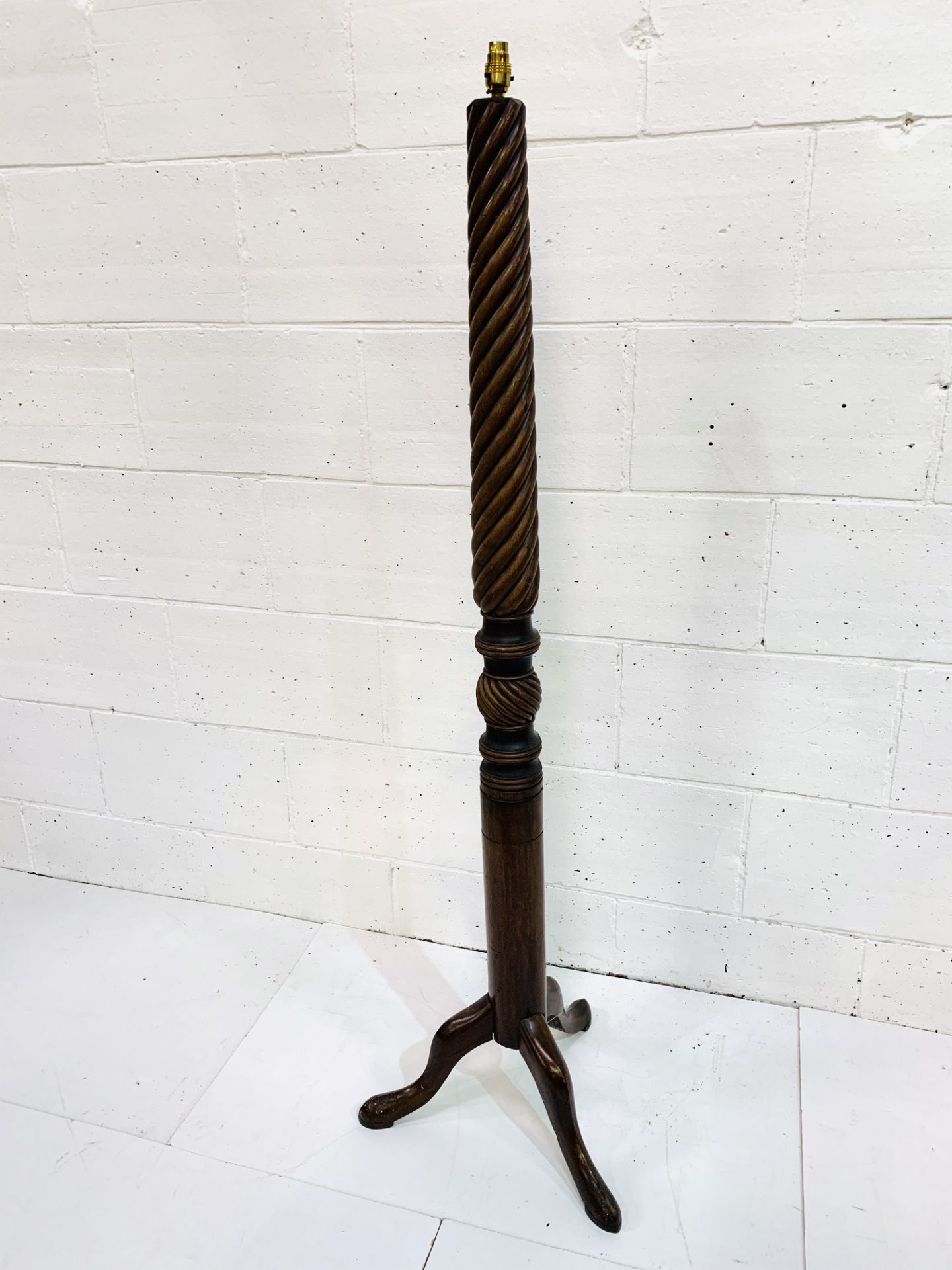 Mahogany turned and barley twist lamp standard on three pad feet. - Image 2 of 4