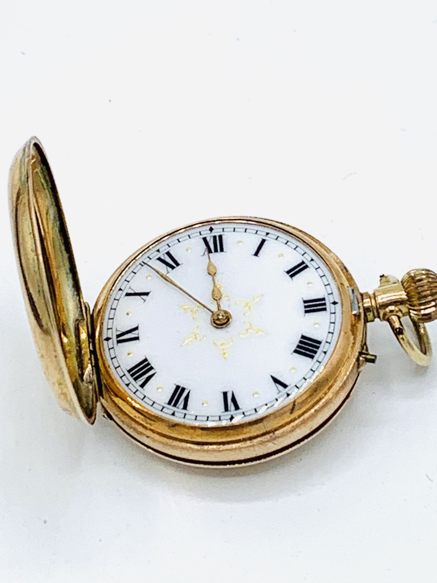 Small 9ct gold case half hunter pocket watch, going, in original brown leather case. - Image 7 of 7