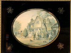 Set of five framed and glazed Le Blonde oval prints of various village scenes.