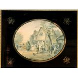 Set of five framed and glazed Le Blonde oval prints of various village scenes.