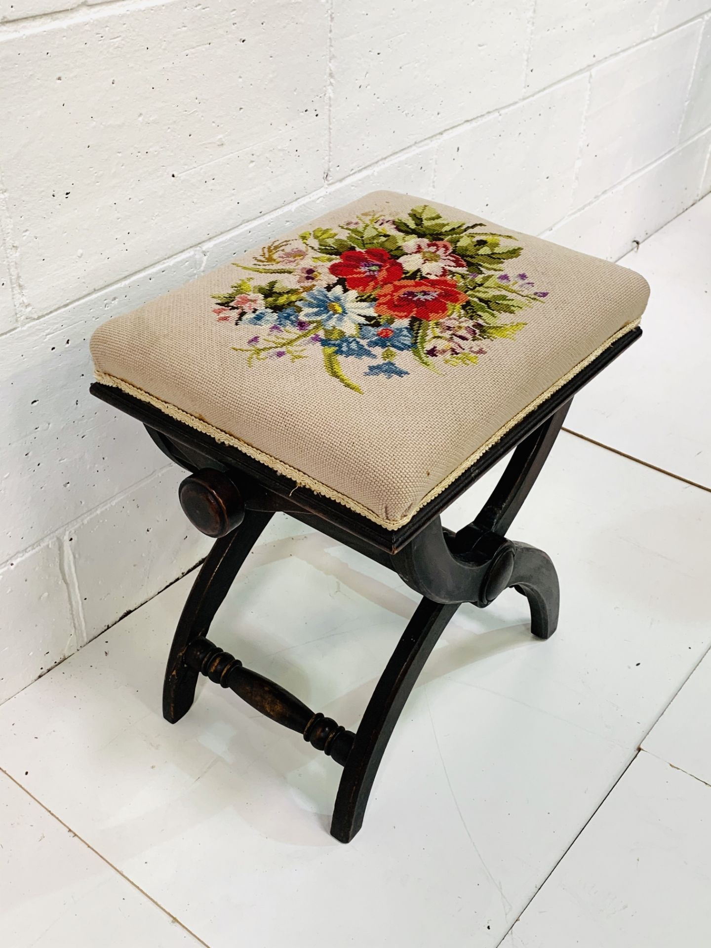 X frame adjustable height stool with tapestry upholstered seat. - Image 3 of 4