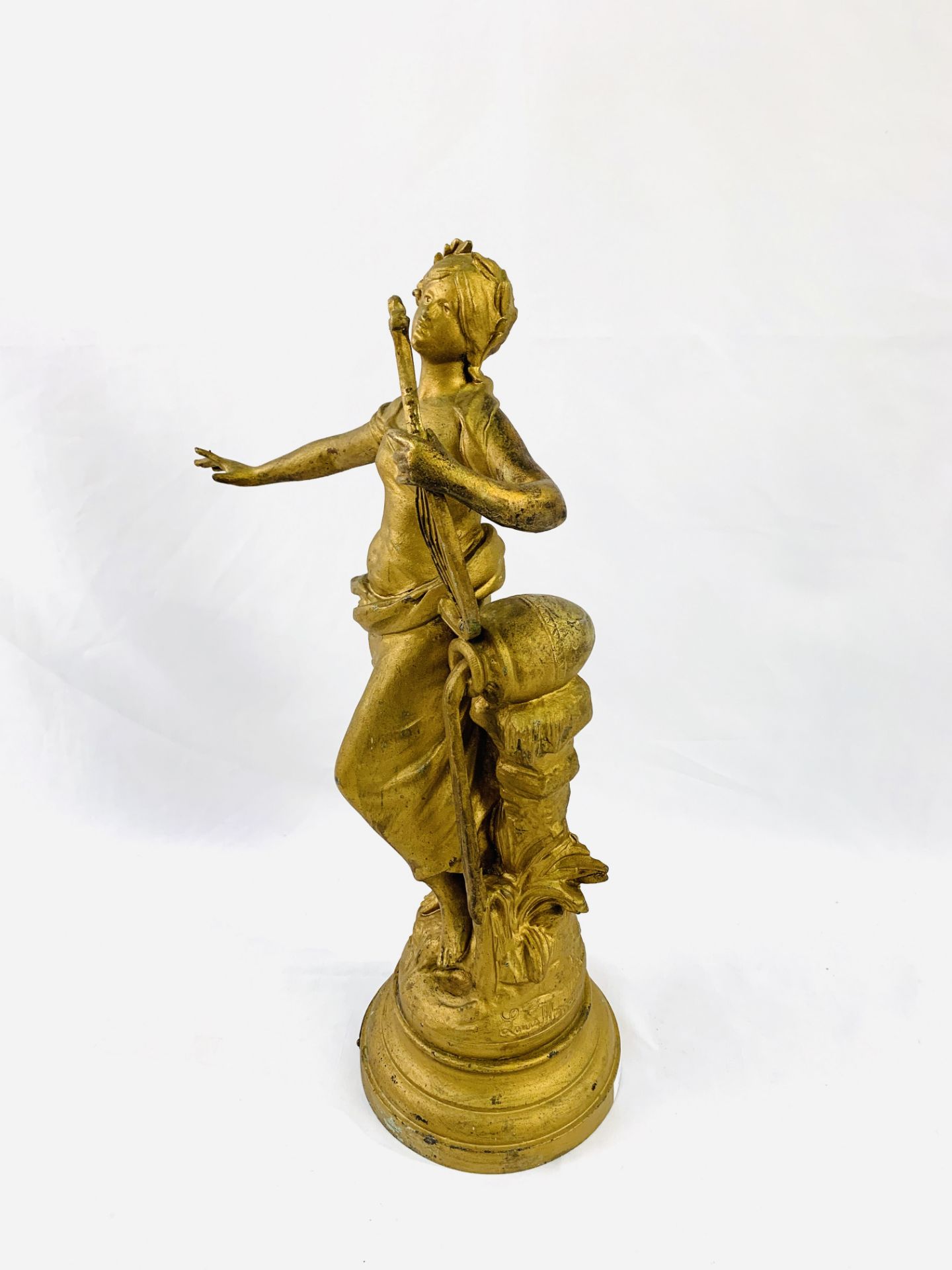 Large 19th Century French gilt spelter female harpist figure, signed Louis Moreau - Image 2 of 4