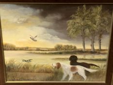 20th Century oil on board, Hounds and Ducks at Lakeside.