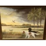 20th Century oil on board, Hounds and Ducks at Lakeside.