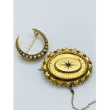 15ct gold crescent shaped brooch and an oval shaped gold locket set with single diamond