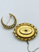 15ct gold crescent shaped brooch and an oval shaped gold locket set with single diamond