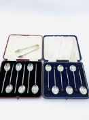 2 cases of 6 hallmarked silver coffee spoons and a pair of silver sugar tongs