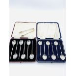 2 cases of 6 hallmarked silver coffee spoons and a pair of silver sugar tongs