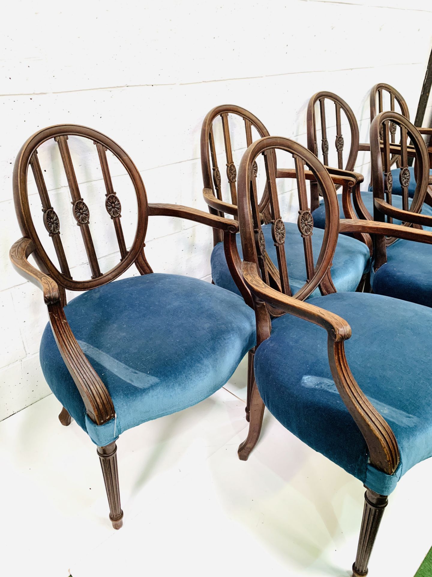 Set of eight mahogany Regency style open elbow chairs upholstered in petrol blue velvet. - Image 3 of 7