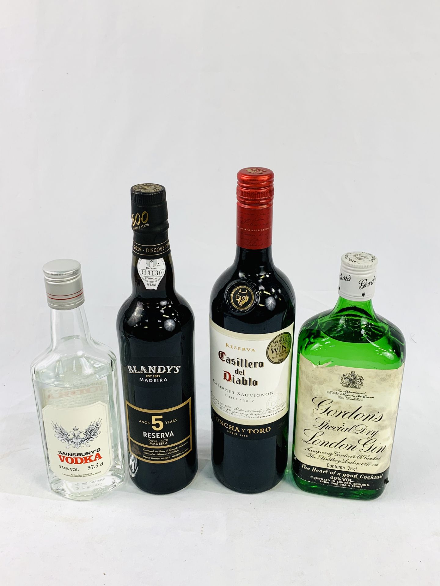 Blandy's 5 year reserved Madeira wine; Cabernet Sauvignon 2017; Gordon's Special Dry Gin; Vodka