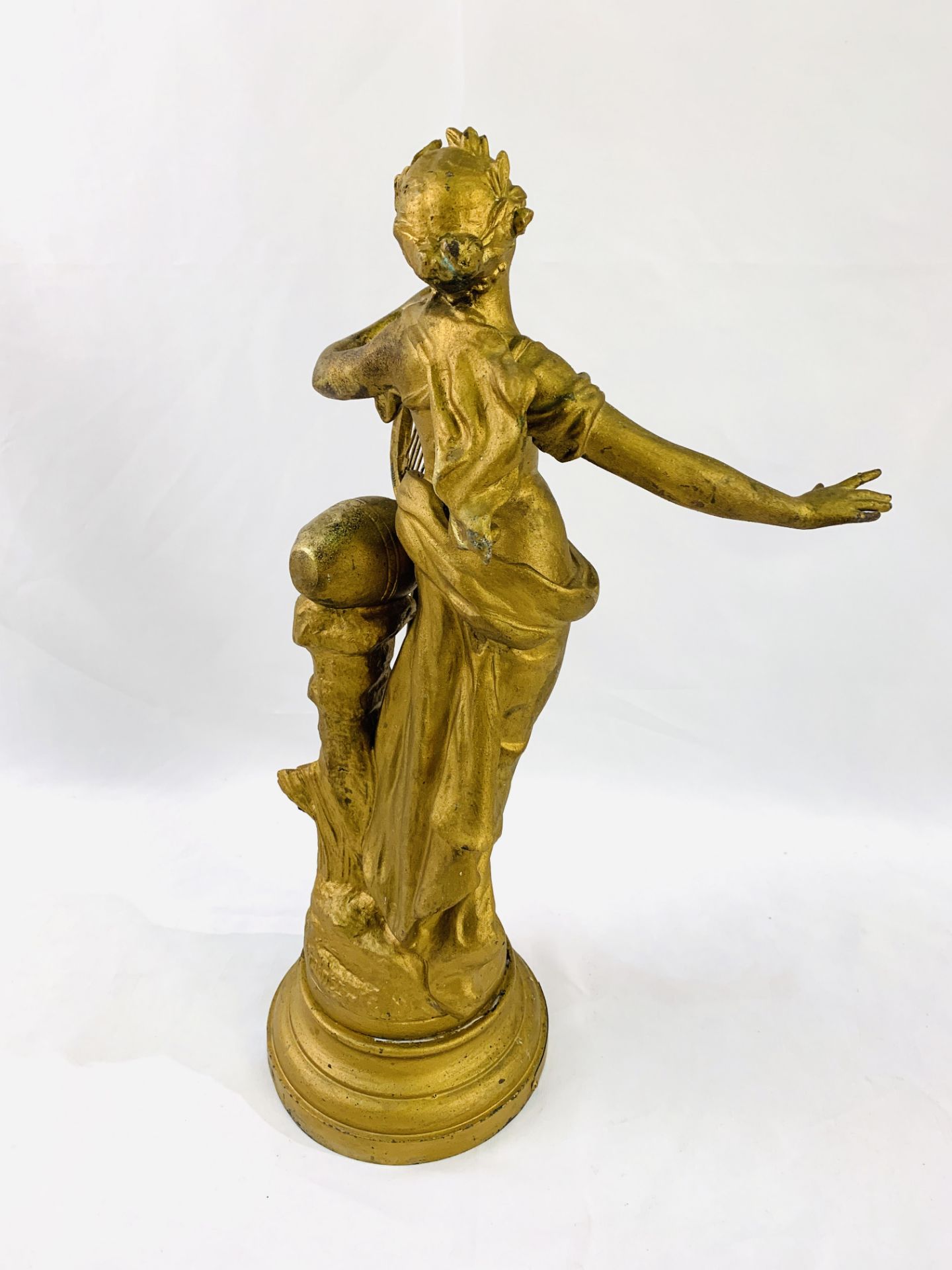 Large 19th Century French gilt spelter female harpist figure, signed Louis Moreau - Image 4 of 4