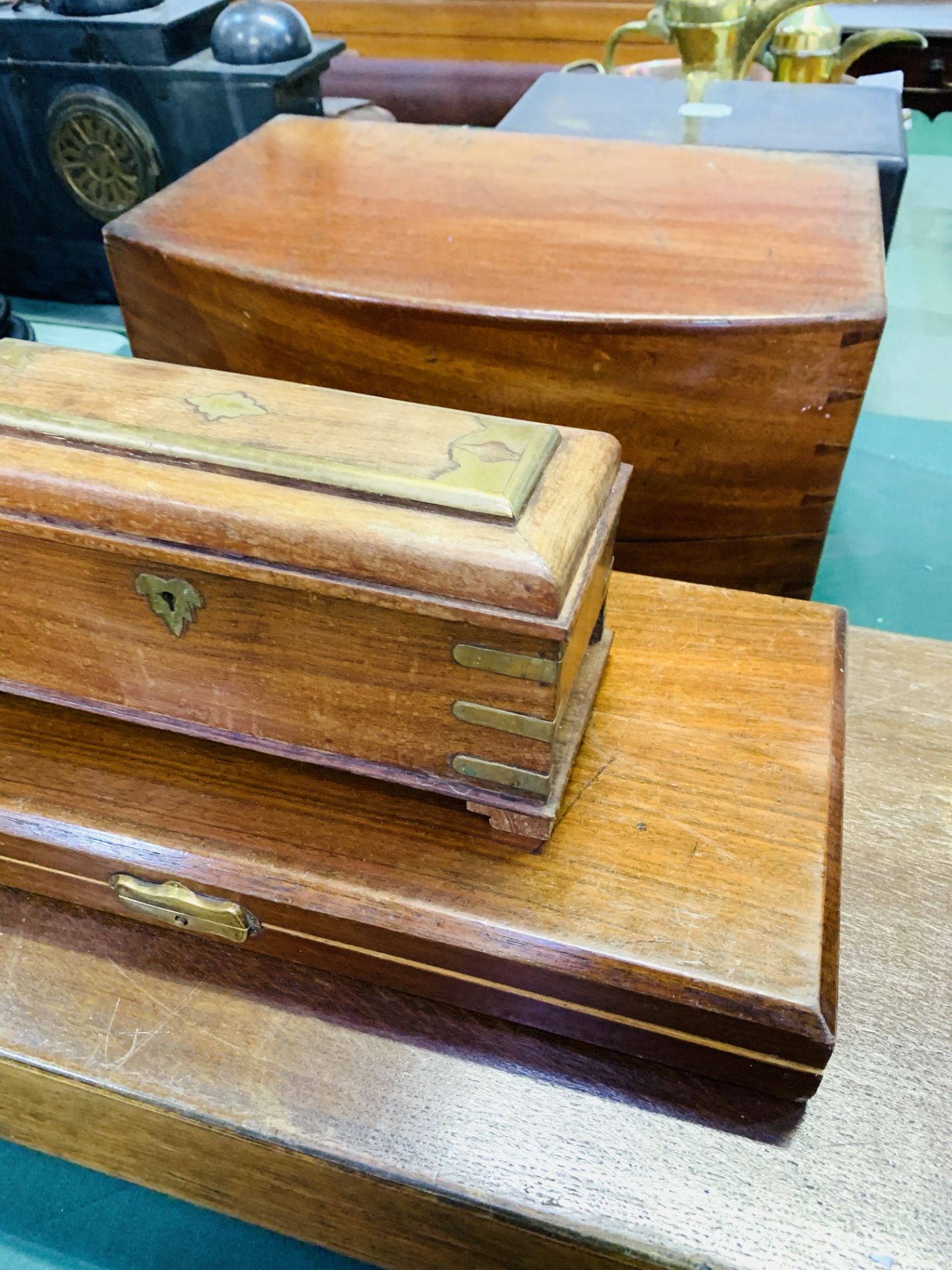 Mahogany side hinging box with brass handle and partially fitted interior, together with other boxes - Image 5 of 5
