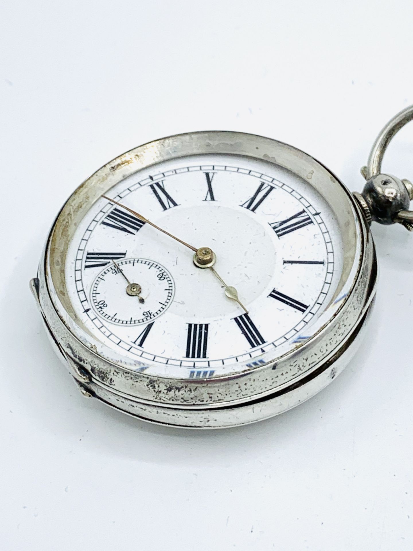 935 silver case pocket watch, together with a hallmarked silver fob chain and silver pendant - Image 3 of 5