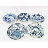 Five various antique blue and white bowls.