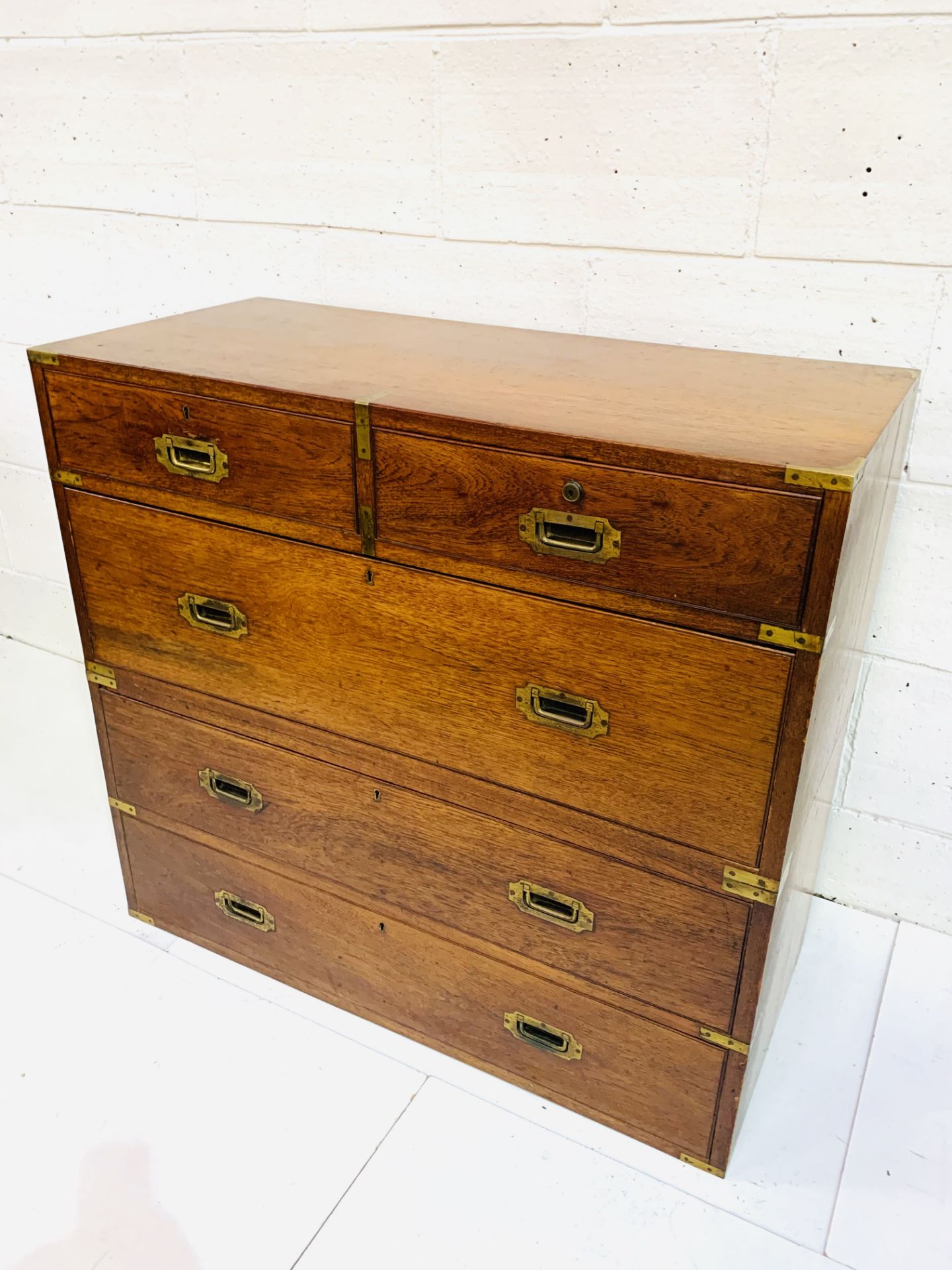 19th Century brass bound oak "Campaign" chest of two over three drawers, divides in the middle. - Image 3 of 5