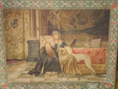 Wood framed print applied to canvas panel of a lady with a lute and two lurchers.