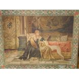 Wood framed print applied to canvas panel of a lady with a lute and two lurchers.