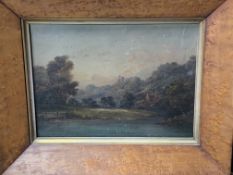 Walnut framed oil on board of a river and building scene, signed on reverse, with another.