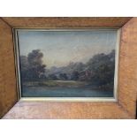 Walnut framed oil on board of a river and building scene, signed on reverse, with another.