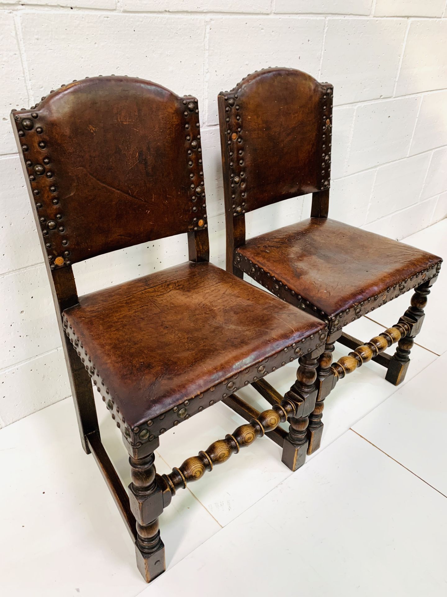 Two studded leather and oak hall chairs. - Image 3 of 4