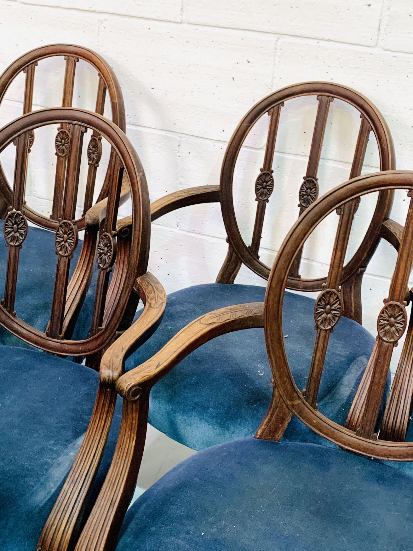 Set of eight mahogany Regency style open elbow chairs upholstered in petrol blue velvet. - Image 6 of 7
