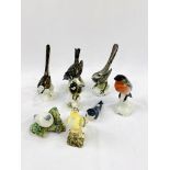 Five birds by Rosenthal, Italian majolica bird, and a Spanish bird.