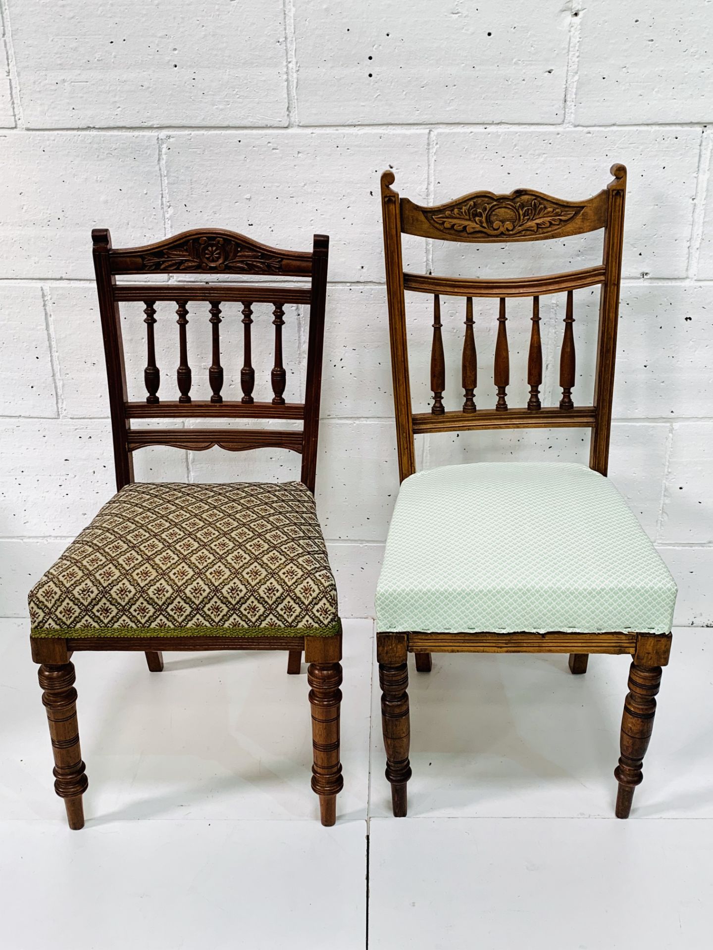 Two mahogany framed Edwardian rail back chairs with upholstered seats. - Image 2 of 3