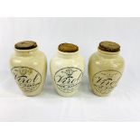 Three early ceramic "Virol" jars