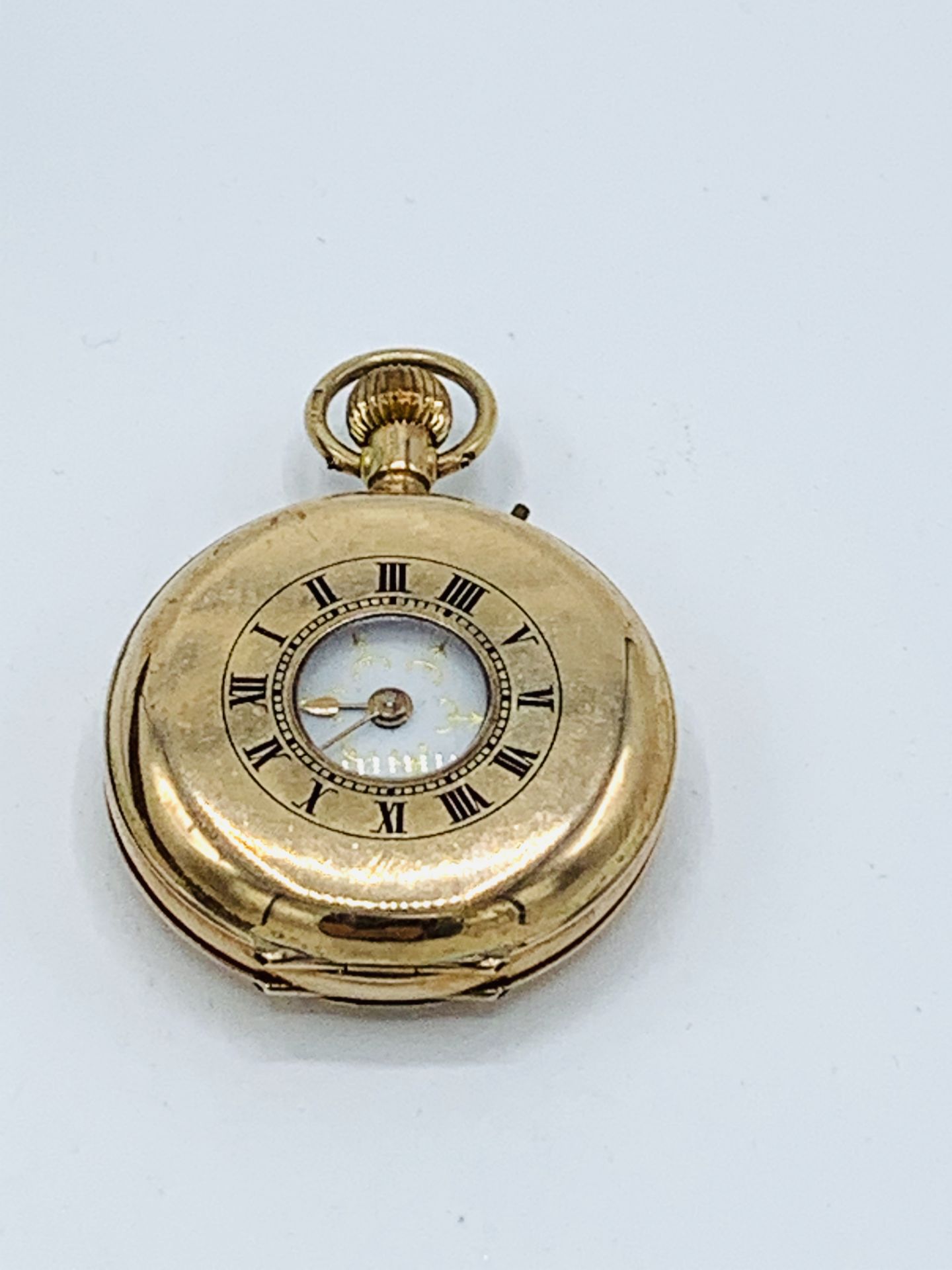 Small 9ct gold case half hunter pocket watch, going, in original brown leather case. - Image 6 of 7