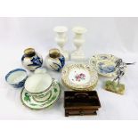 Pair of white marble clock garnitures; pair of blue and gilt Doulton jars; and other items.