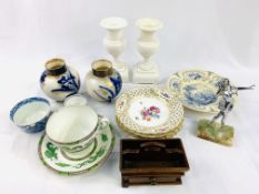 Pair of white marble clock garnitures; pair of blue and gilt Doulton jars; and other items.