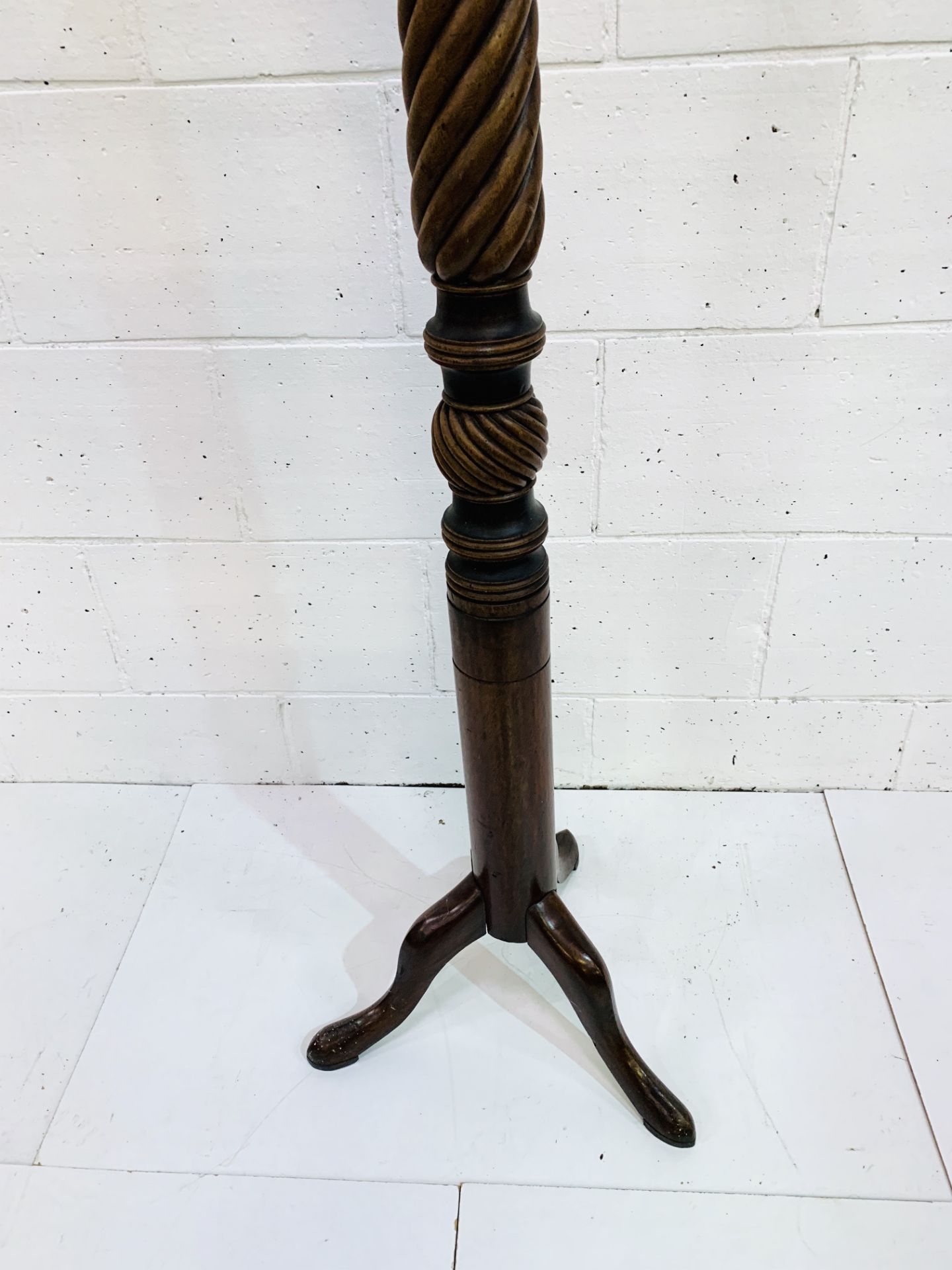 Mahogany turned and barley twist lamp standard on three pad feet. - Image 4 of 4