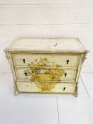 Continental decorative cream painted pine chest of three drawers