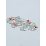 Moonstone, coral and 925 silver chain necklace, length 116cms.
