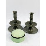 Pair of Travis Wilson and Co hammered pewter candlesticks, and a shagreen pot,