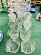 Five cut glass decanters, fruit bowl, and other glass ware