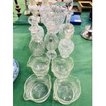 Five cut glass decanters, fruit bowl, and other glass ware