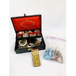 Box of costume jewellery; a Dunhill lighter; and a bag of costume jewellery and silver items.