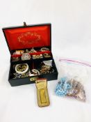 Box of costume jewellery; a Dunhill lighter; and a bag of costume jewellery and silver items.