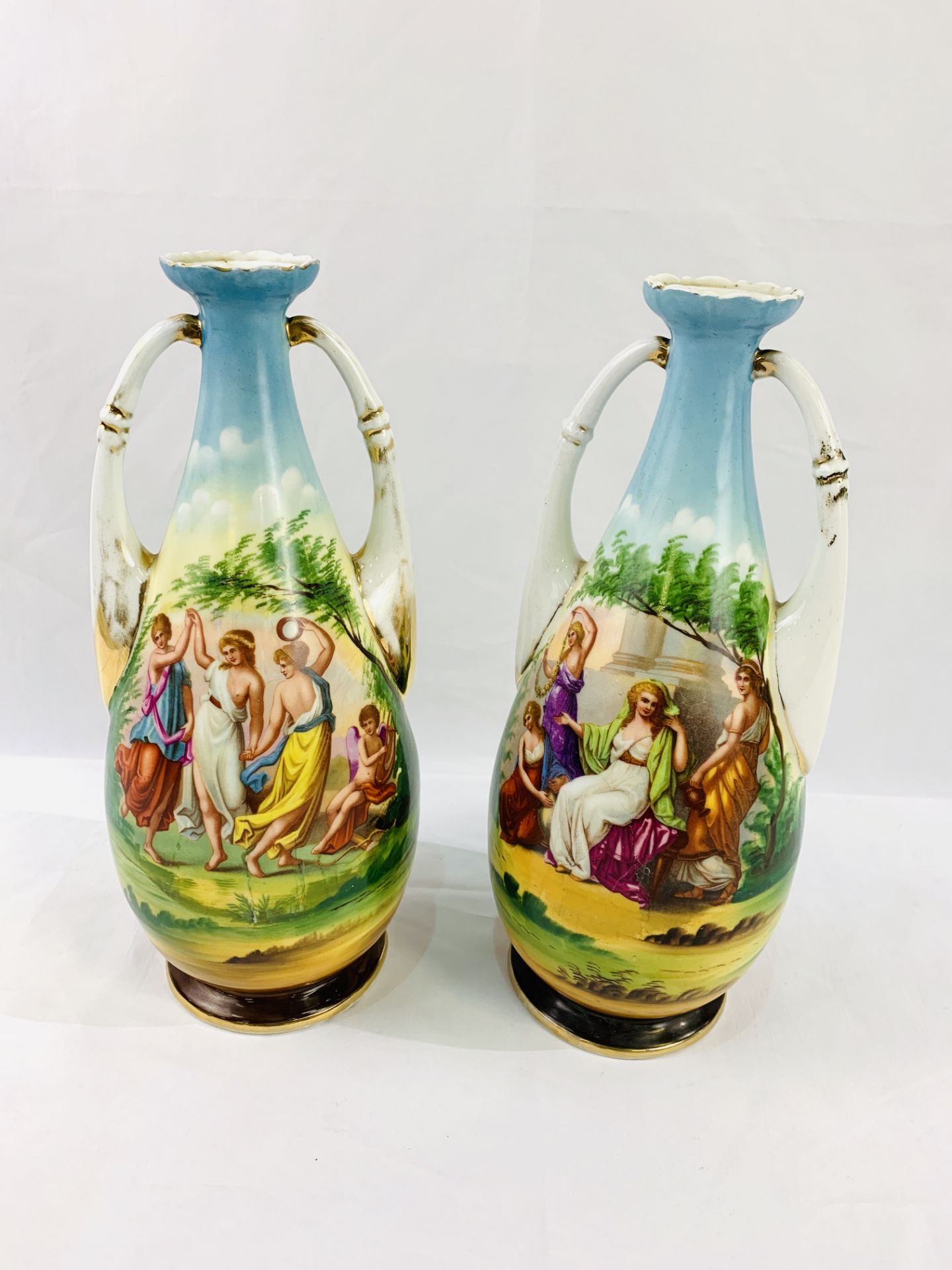 19th Century pair of large twin handled Royal Vienna Baluster vases with pictorial reliefs