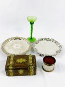 Two Sheffield plate servers, Wedgwood candle holder by Ronald Stennet Wilson; and 2 boxes