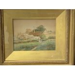 Gilt framed and glazed watercolour of a thatched cottage with people, signed monogram FB bottom righ