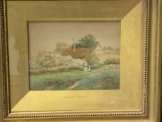 Gilt framed and glazed watercolour of a thatched cottage with people, signed monogram FB bottom righ