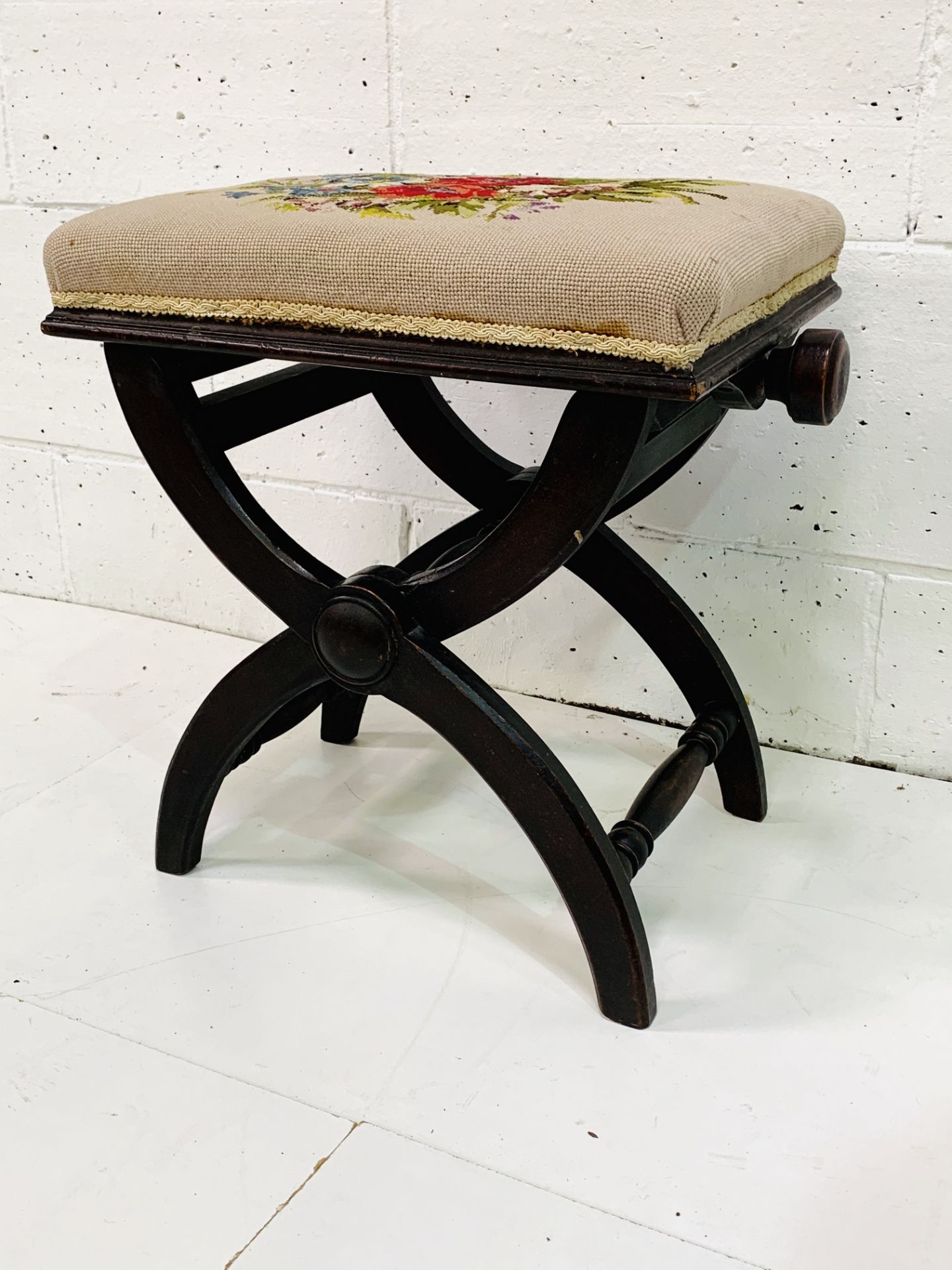 X frame adjustable height stool with tapestry upholstered seat. - Image 2 of 4