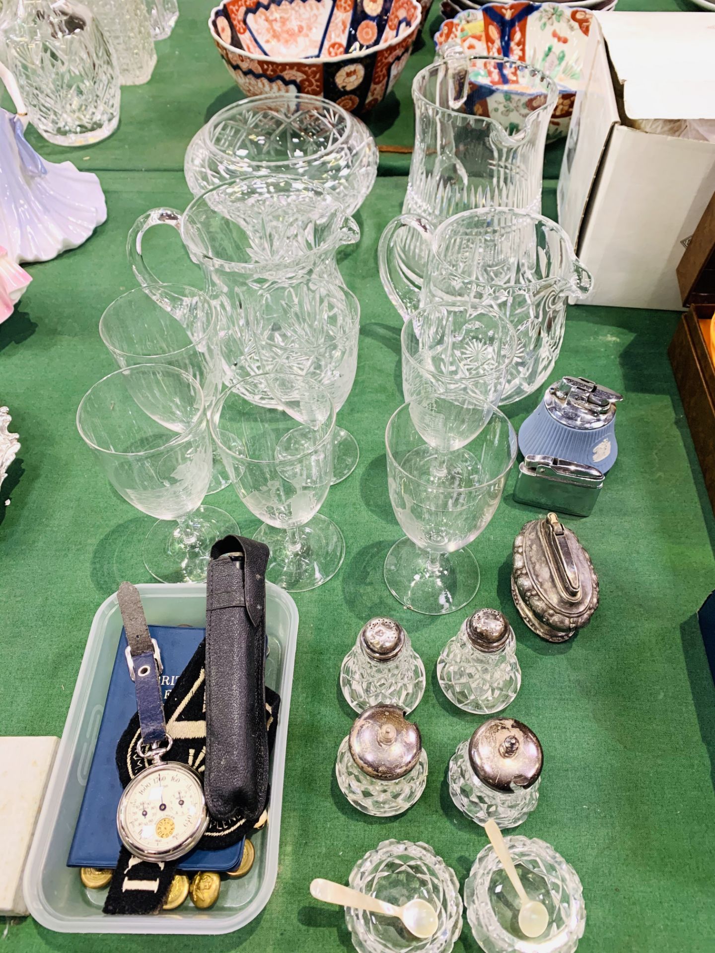 Three cut glass jugs; cut glass Edinburgh Crystal bowl; six etched glasses; and other items.